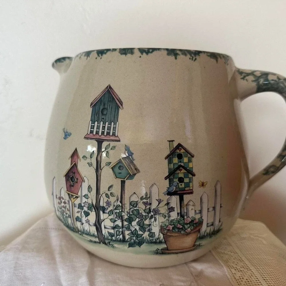 Hand painted ceramic pitcher with birdhouse design signed studio pottery